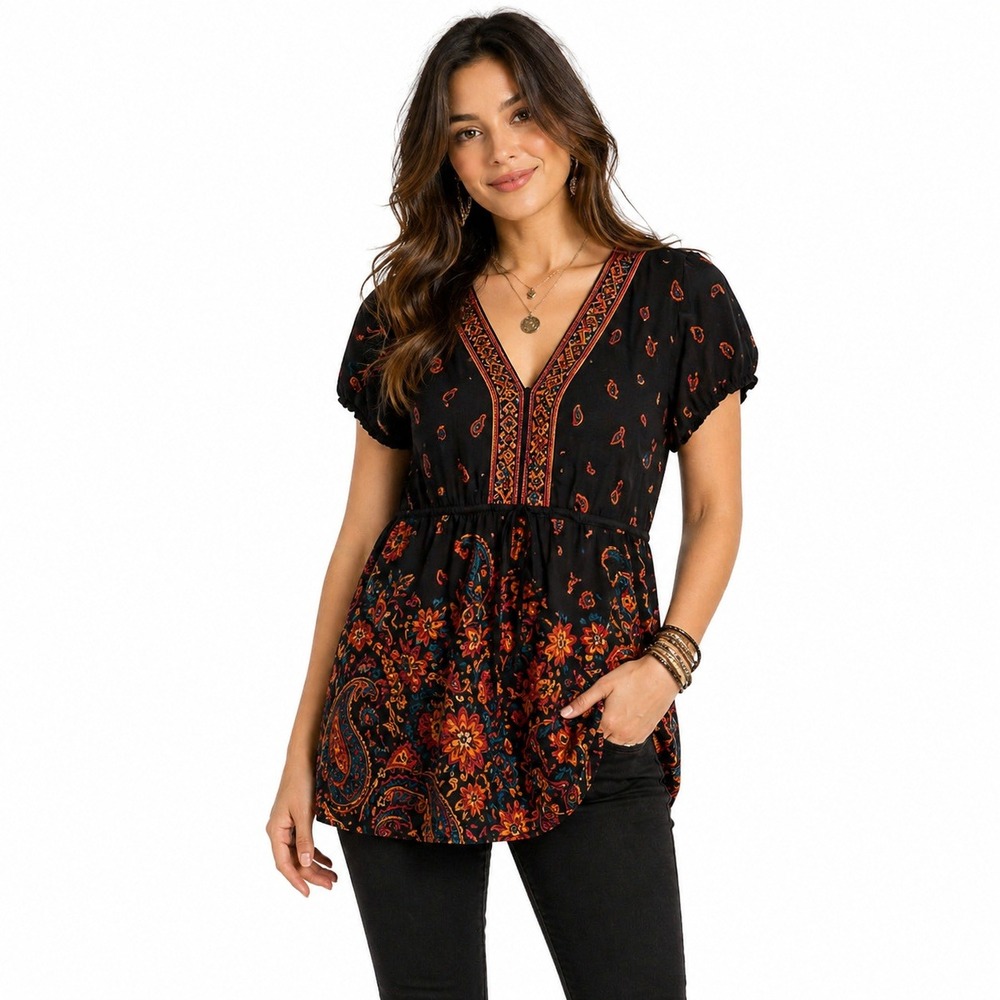 Apt 9 Dark Floral Babydoll Top M Black Paisley Y2K Whimsigoth Cottagecore